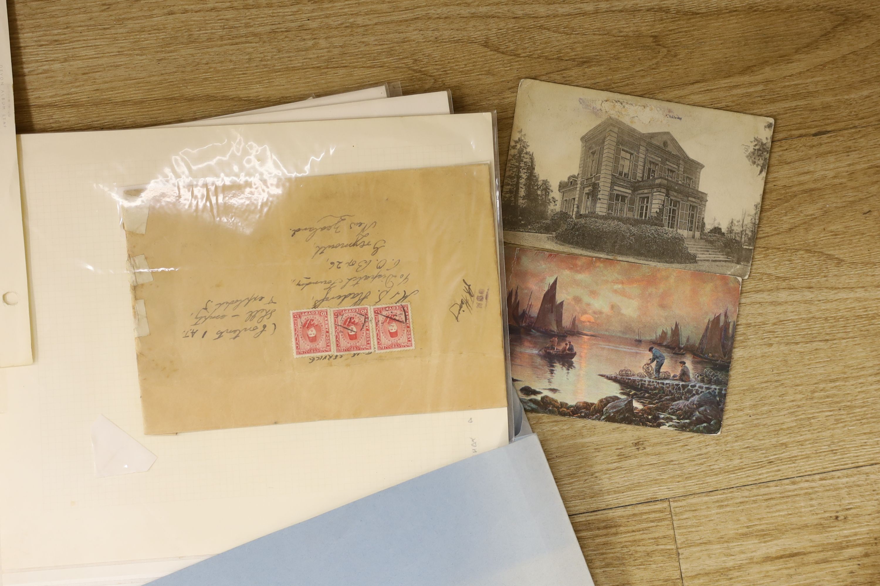 New Zealand military postal history in two albums, album leaves, loose with 1900 Boer War postal stationery cards unused and used, WWI New Zealand Expedition Force postmarks, postcards, Hospital Ship, WWII New Zealand Fo